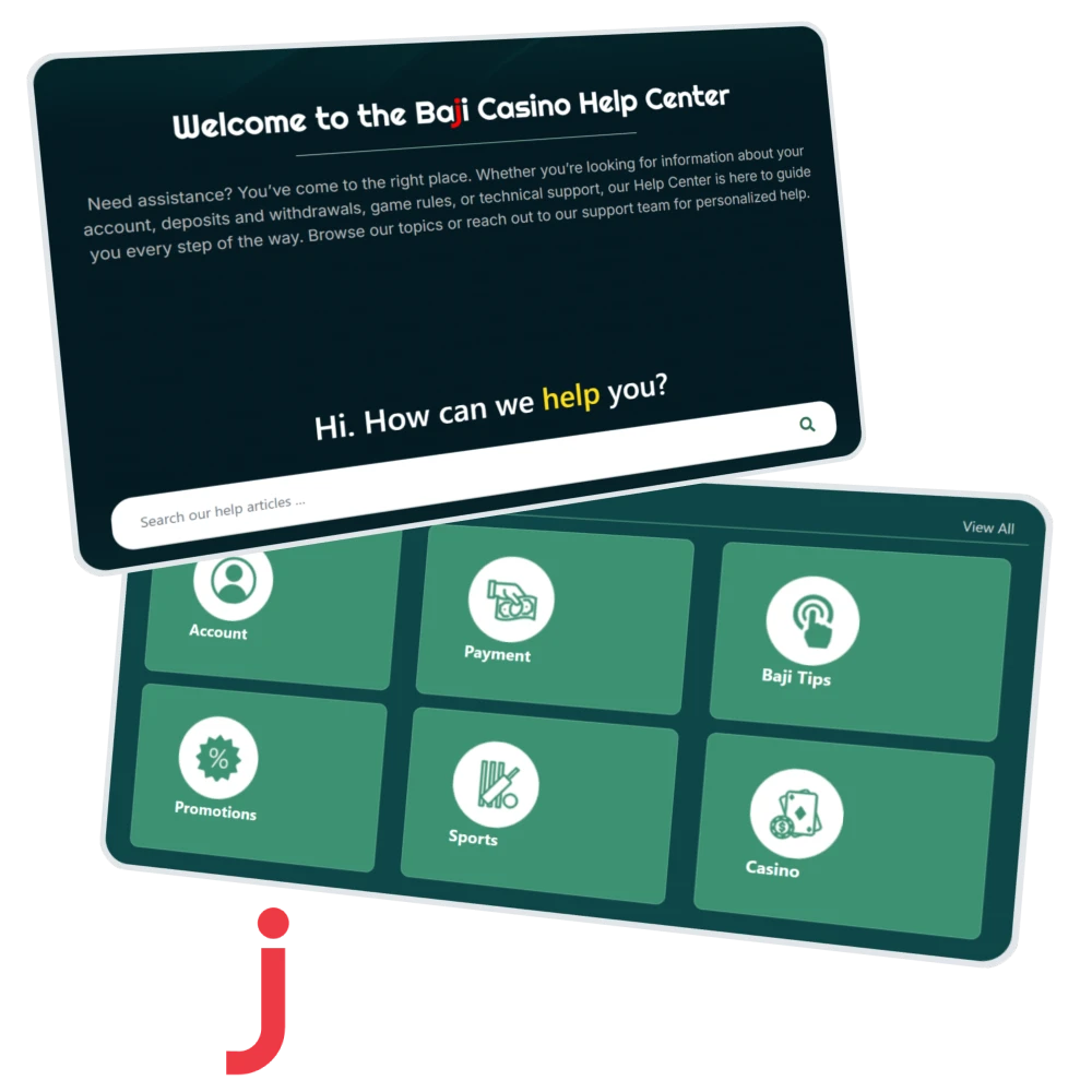 The Baji casino help center welcome screen features a search bar and a category menu with account, payment, and promotion icons to assist users in Bangladesh.