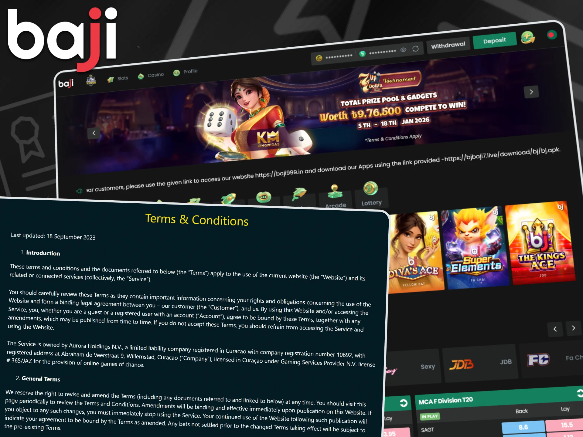 The Baji official website features various casino game tiles and a detailed legal section outlining the Curacao gaming license to confirm the platform's regulatory compliance.