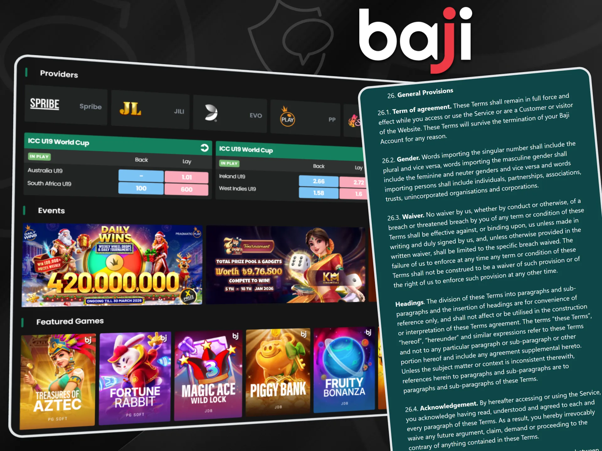 The Baji platform displays game providers, sports betting events, and a legal panel outlining the company’s terms and conditions.