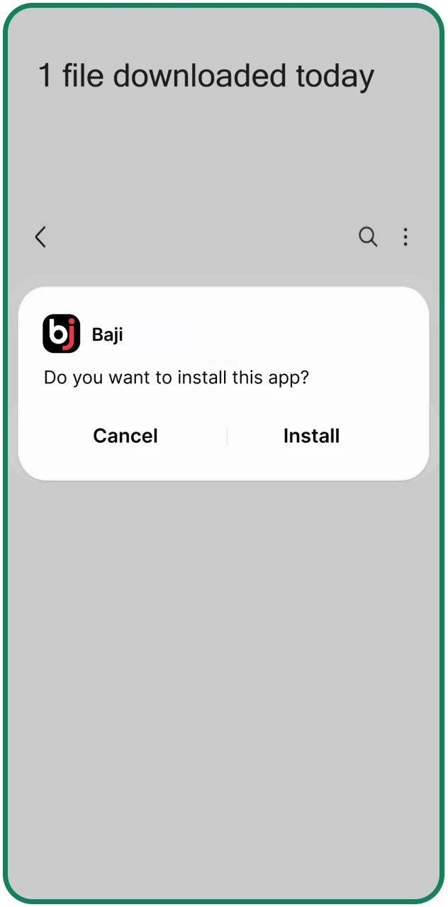 Android system notification shows a prompt to install the Baji mobile app after a successful APK file download.