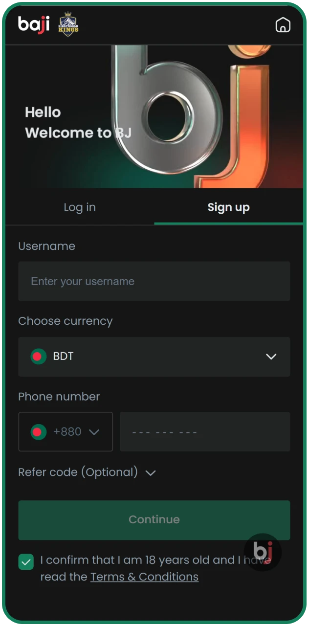 Baji mobile app registration screen displays fields for username, currency, and phone number to create a new account after installation.