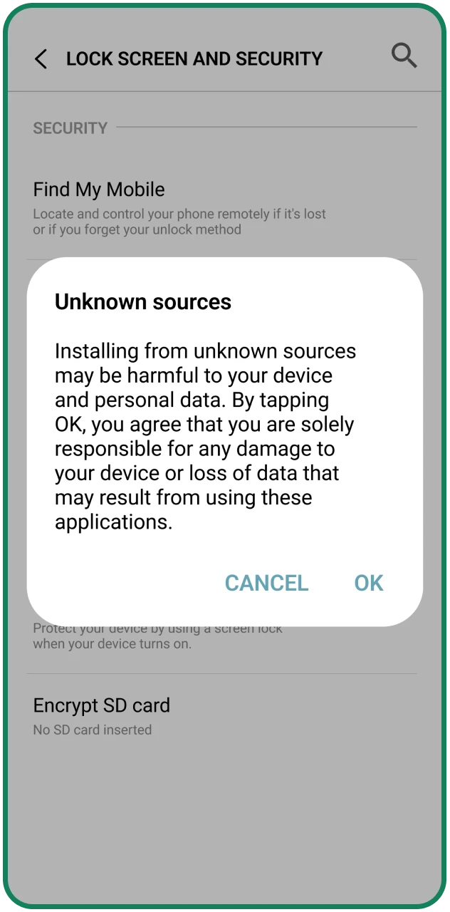 Smartphone screen displays a security warning pop-up for unknown sources to authorize the Baji APK installation on an Android device.