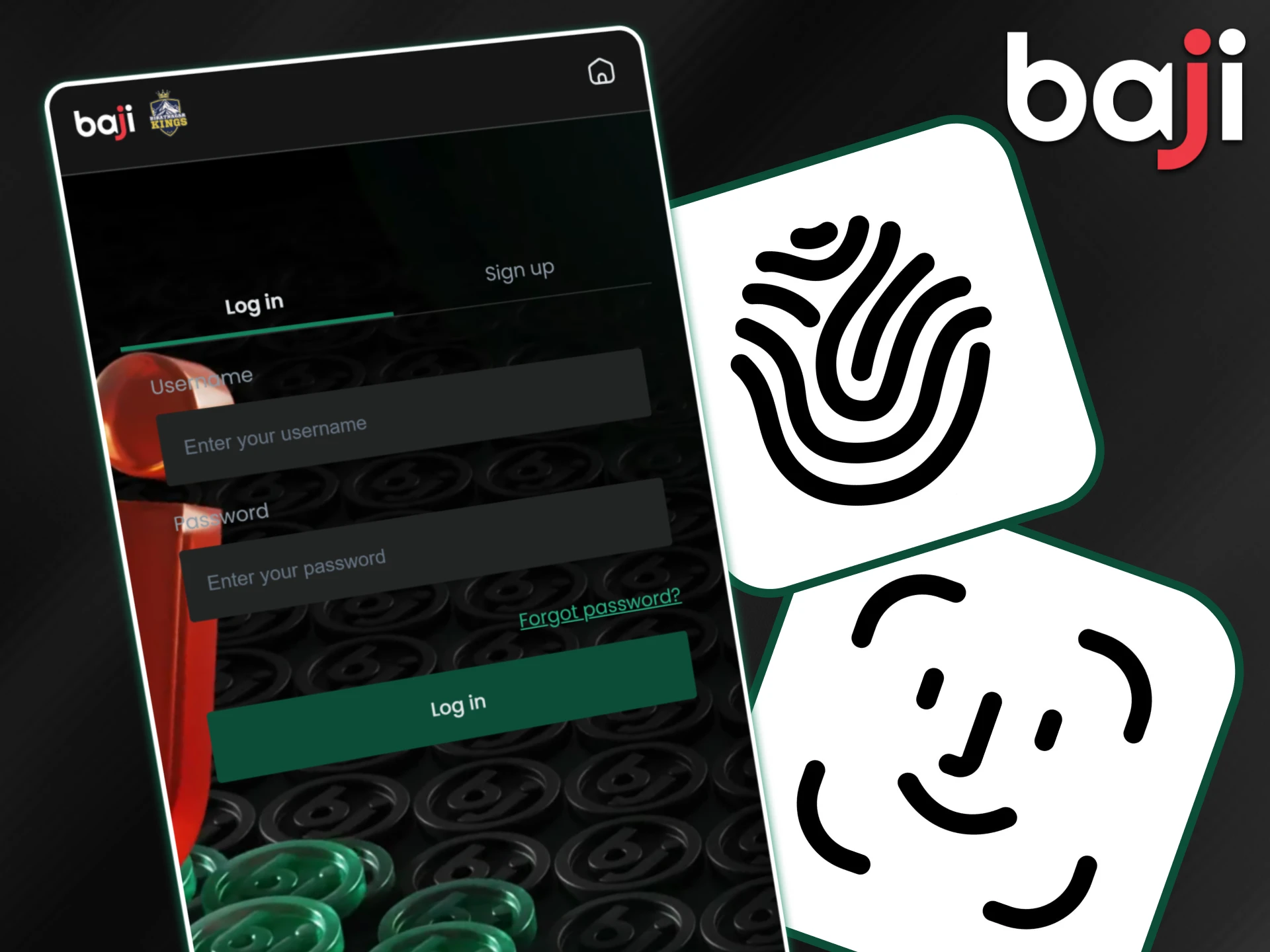 The Baji app login interface appears alongside fingerprint and face recognition icons to enable secure biometric access for users in Bangladesh.