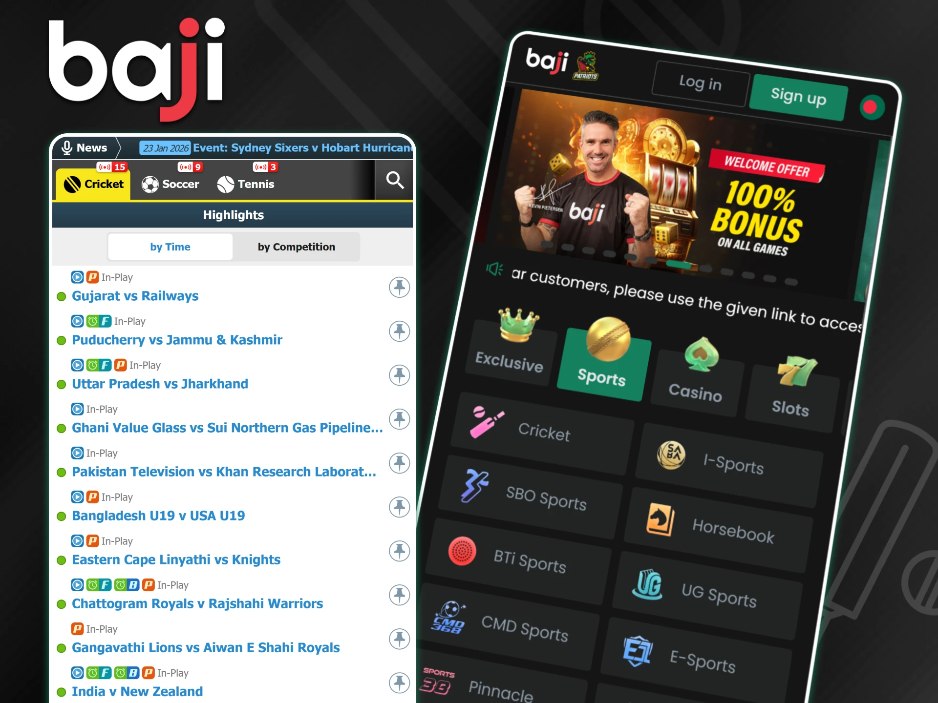 The Baji cricket exchange interface displays a list of live matches with green and blue status icons to track real-time betting events.