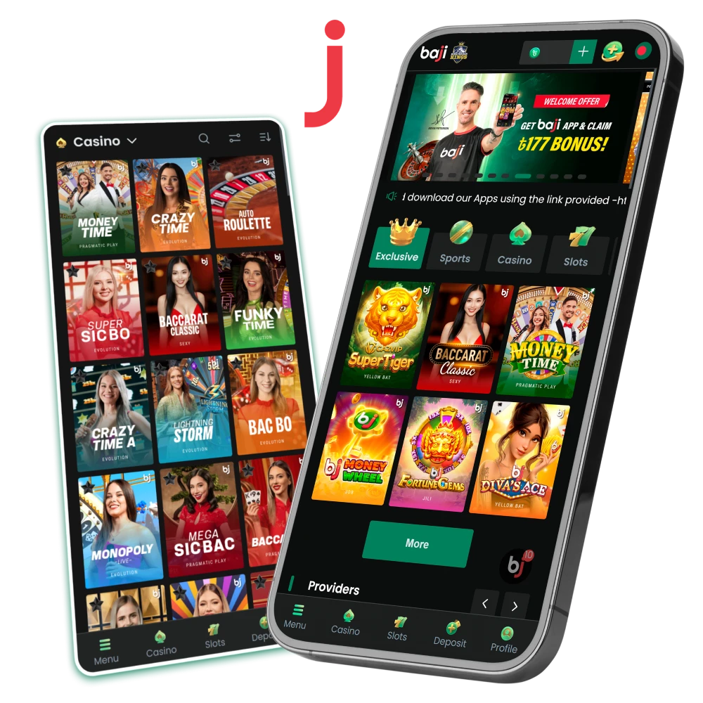 Two smartphones display the Baji mobile App interface with a Welcome Offer banner and colorful game tiles to start playing.