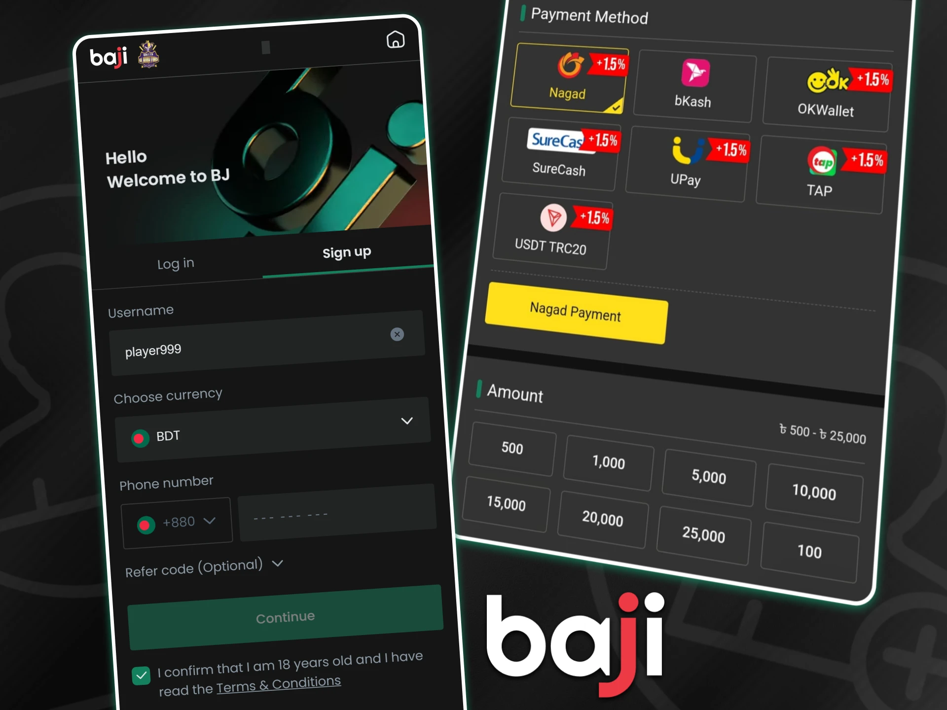 The Baji app registration and deposit screens appear side-by-side with a sign-up form and Nagad payment options to start playing in Bangladesh.
