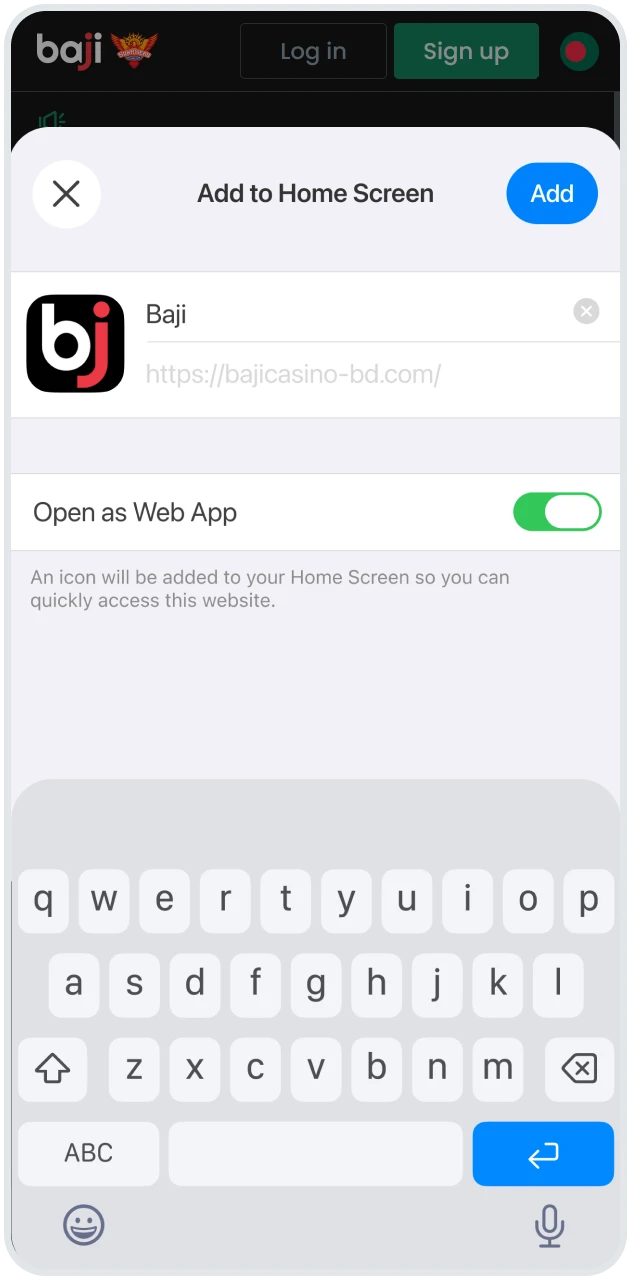 An iOS confirmation screen shows the Add button to finalize creating the Baji website icon on the smartphone home screen.