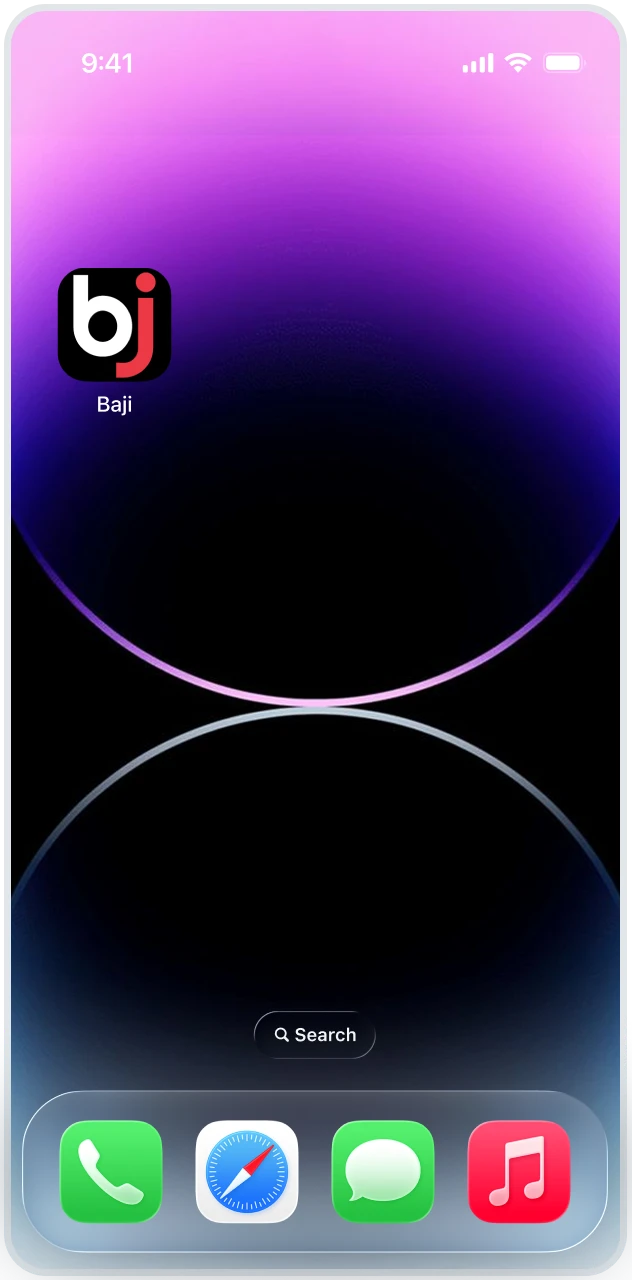 The Baji icon appears on the smartphone home screen next to standard applications to launch the platform on an iOS device.