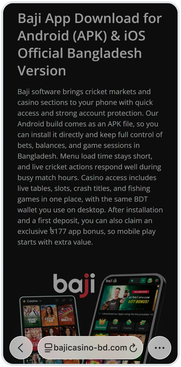 Mobile browser displays the Baji official homepage for Bangladesh with a download description to start the installation process.