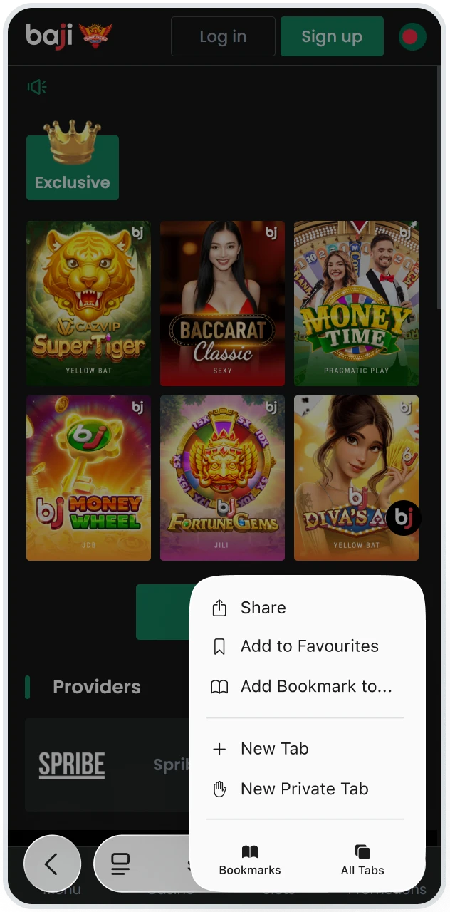 A mobile browser menu displays the Share option over the Baji official website to begin adding the application to an iOS device.