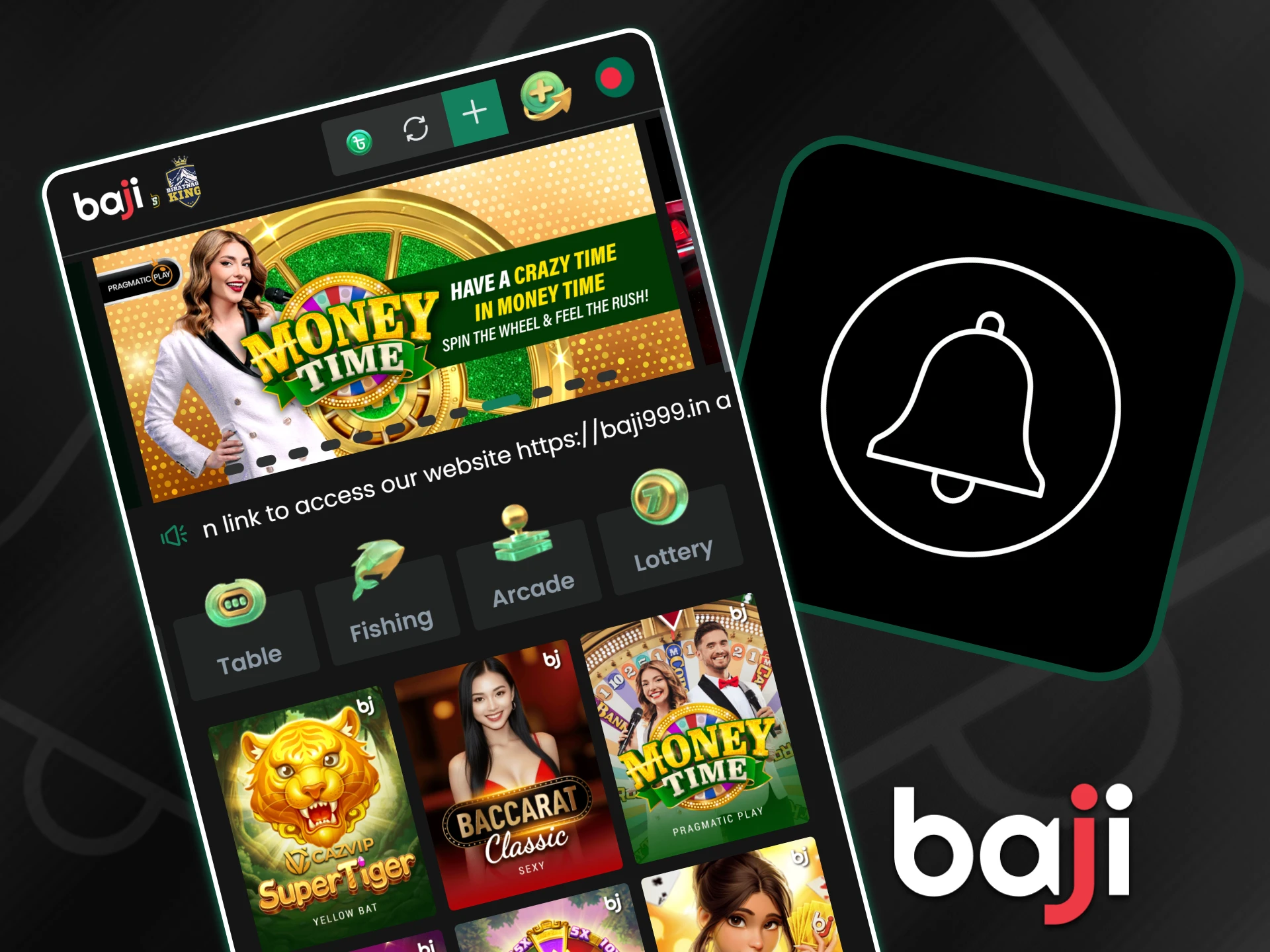 A white bell icon appears next to the Baji app interface featuring a Money Time bonus banner to enable real-time alerts for users.