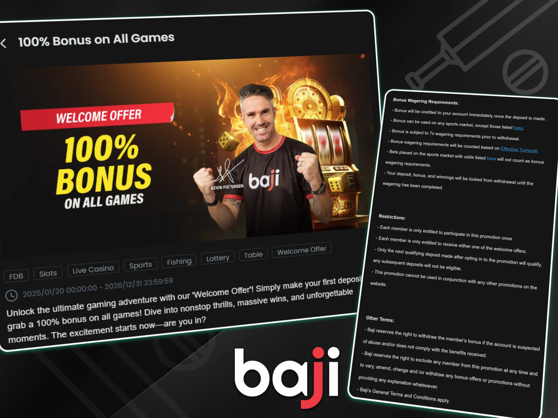 A promotional banner featuring a brand ambassador in front of a golden slot machine displays a welcome offer for gaming enthusiasts on the Baji platform.