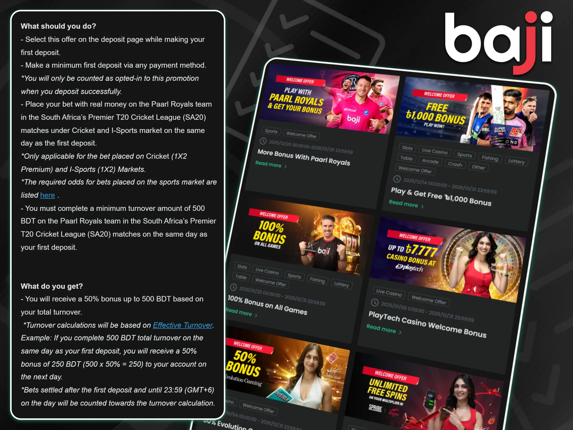 Promotional banners and a detailed instruction panel on the Baji platform display the specific deposit steps and wagering requirements to activate welcome bonuses and free spins.