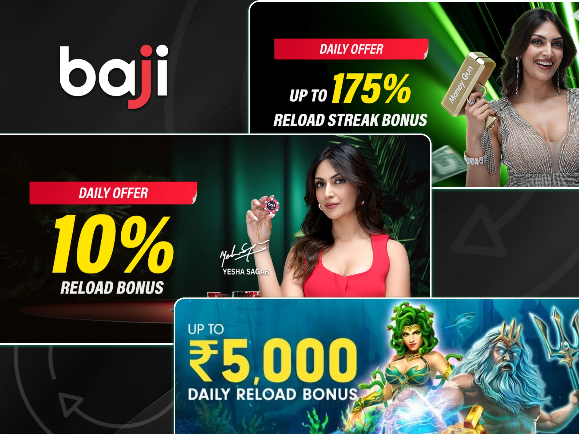 Promotional banners featuring brand ambassadors and gaming characters displays a variety of daily reload offers for sports and casino players on the Baji platform.