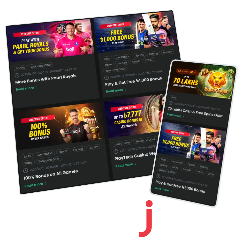 Promotional banners on the Baji platform displays casino welcome offer and bonus on all games for users in Bangladesh.