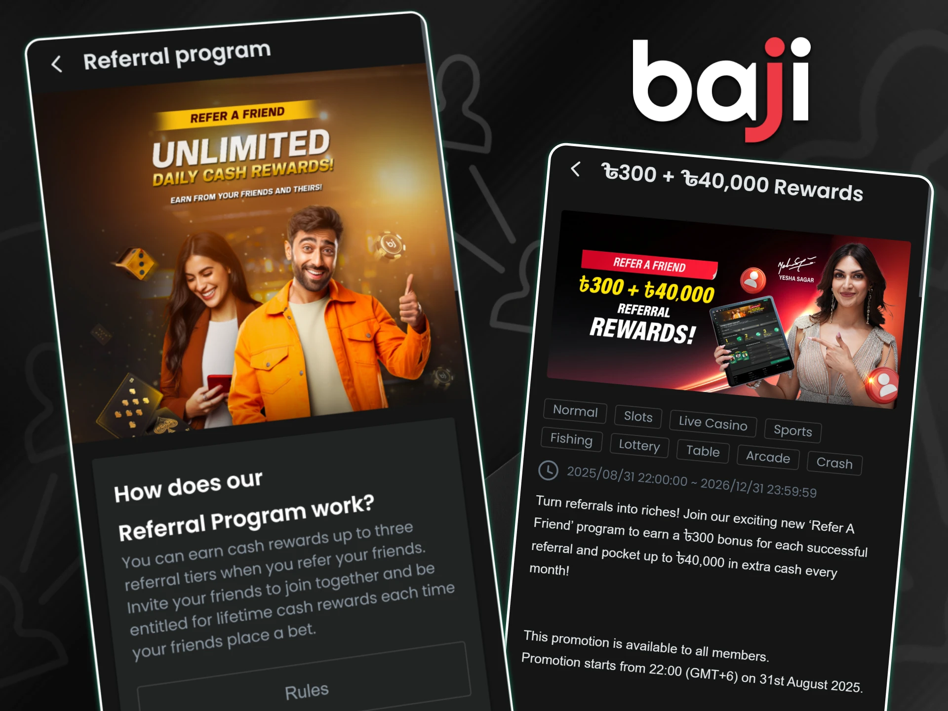 Promotional banners featuring brand ambassadors display the referral system details and cash reward tiers for inviting friends to the Baji platform.