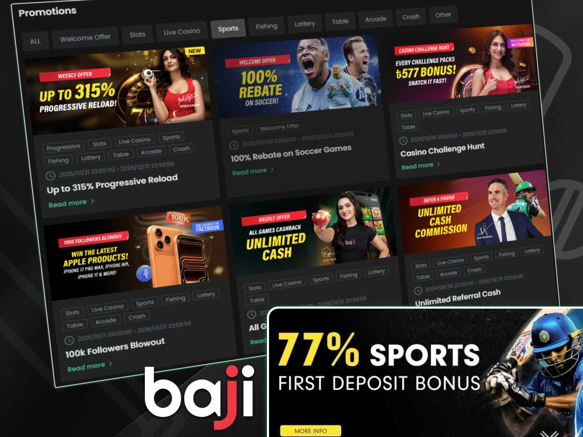 A promotional banner featuring an action shot of a cricket player displays a sports first deposit bonus offer for the Baji betting exchange.