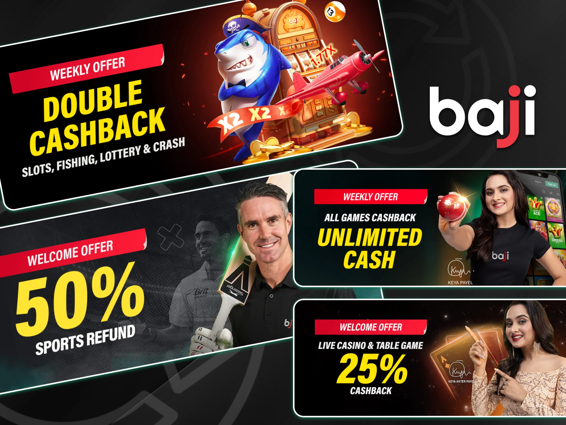Promotional banners featuring brand ambassadors displays various weekly cashback and refund offers for sports and casino players on the Baji platform.