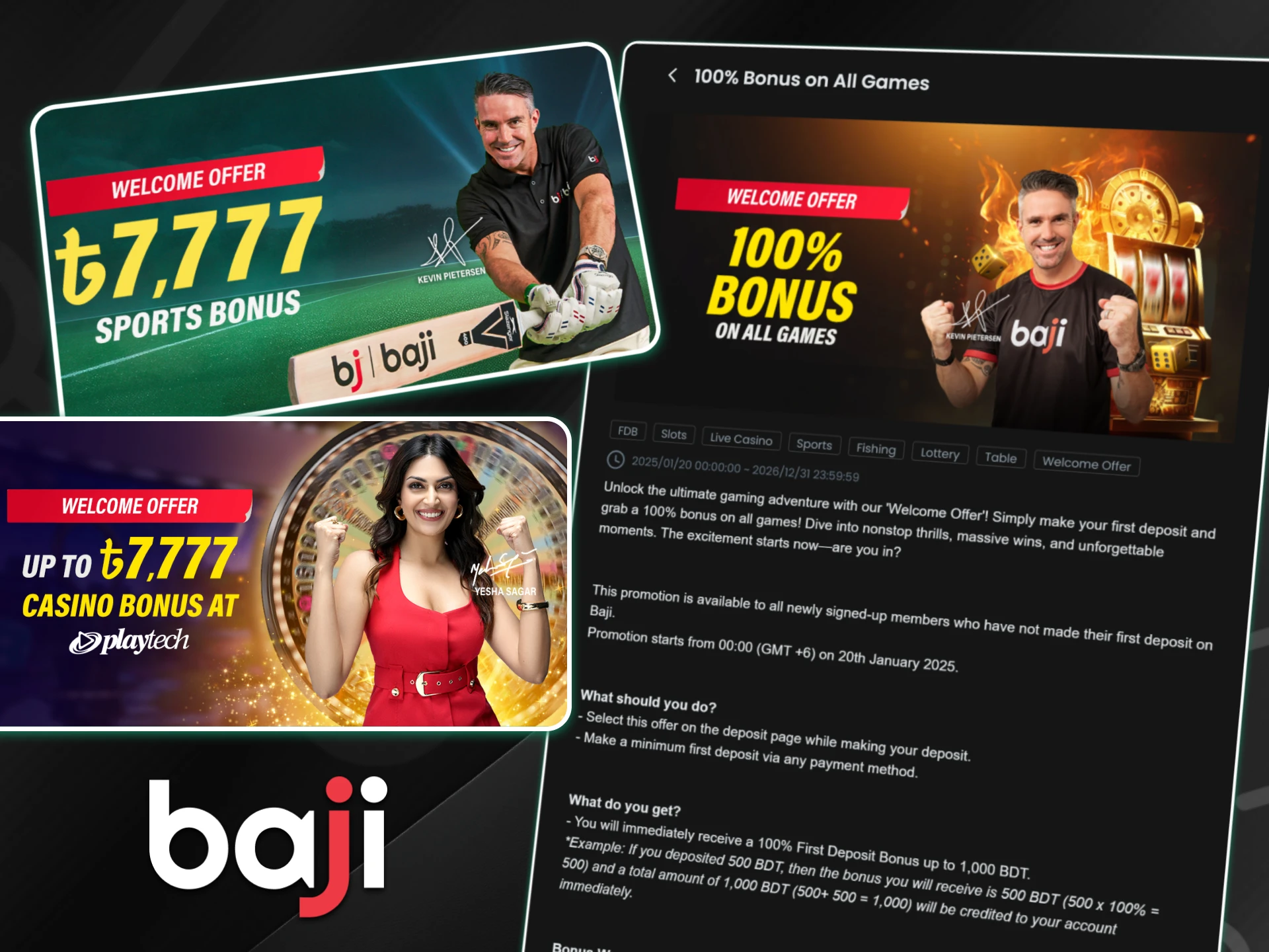 Promotional banners and a detailed information panel on the Baji platform display various welcome offers for sports and casino games alongside the specific steps required to claim them.