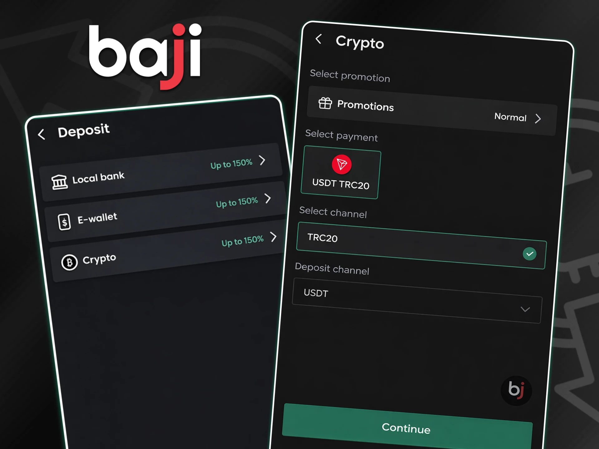 Deposit menu and a dedicated crypto selection screen featuring the payment option to facilitate digital asset transfers.