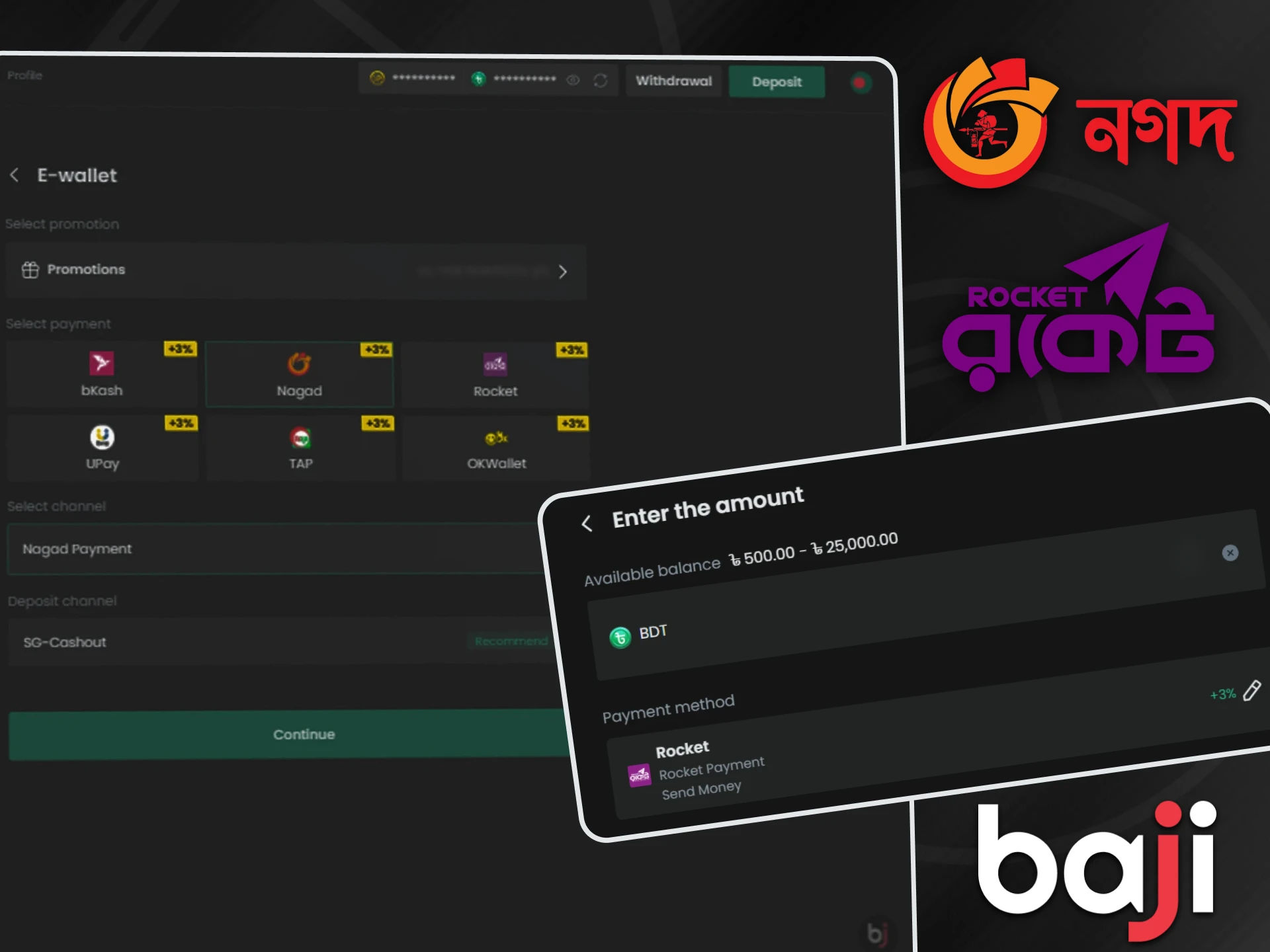 Baji payment selection menu and an amount entry field to facilitate secure local wallet transfers for users in Bangladesh.