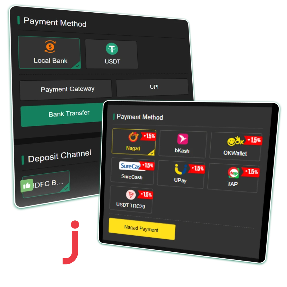 Various local payment options including Nagad, bKash, and Rocket to facilitate secure funds transfers for users in Bangladesh.