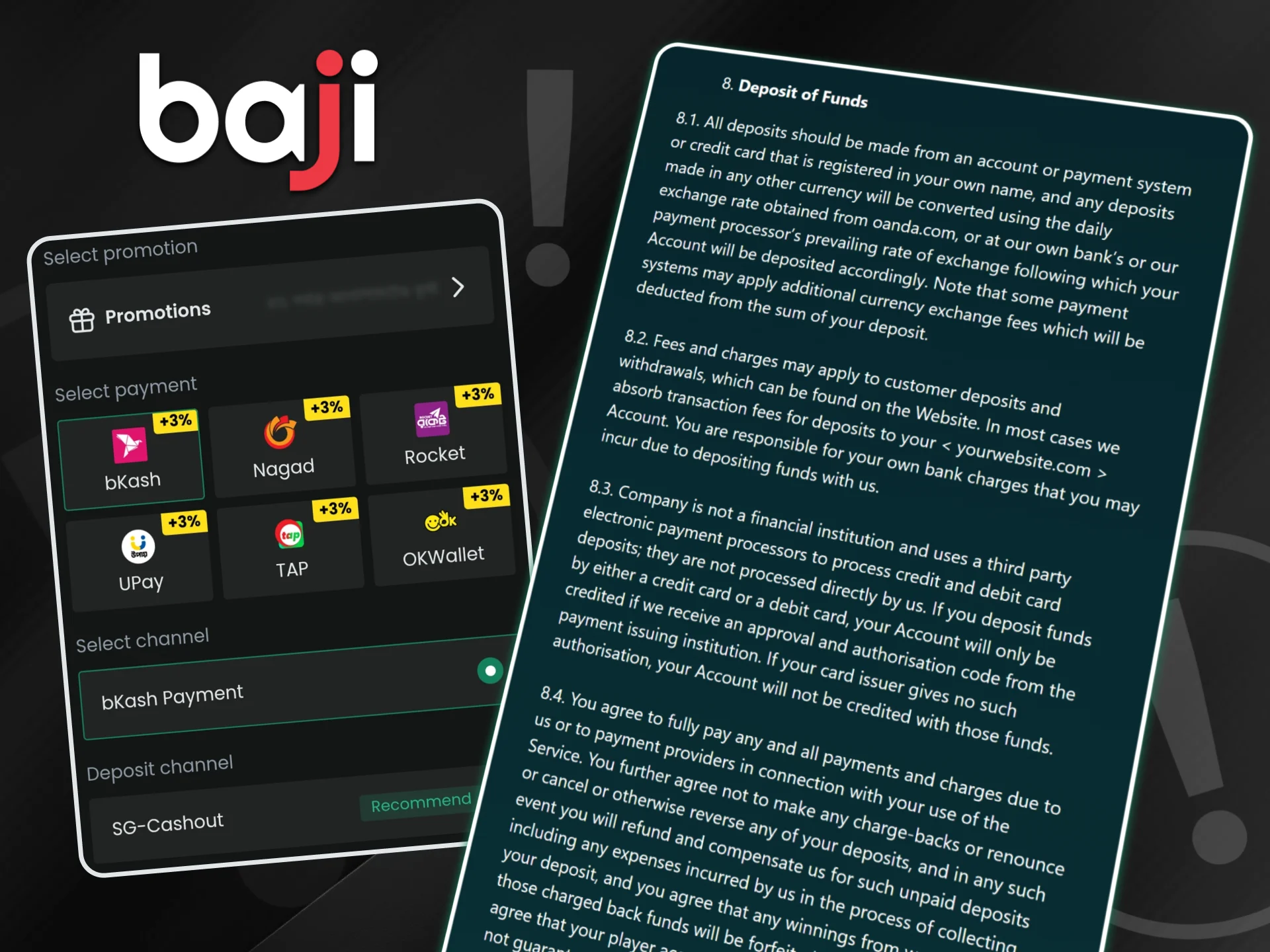 Detailed terms and conditions panel display the Baji deposit guidelines and payment selection menu to ensure secure and compliant financial transactions for users in Bangladesh.