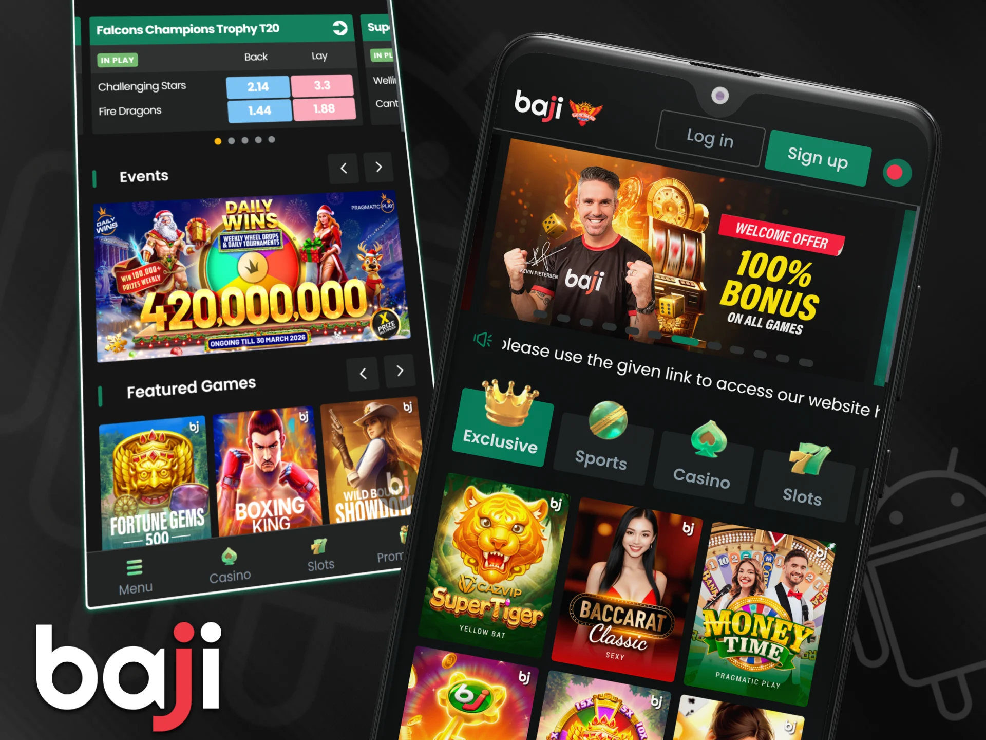 Two smartphones display the Baji mobile App interface with live cricket odds and casino games to start playing.
