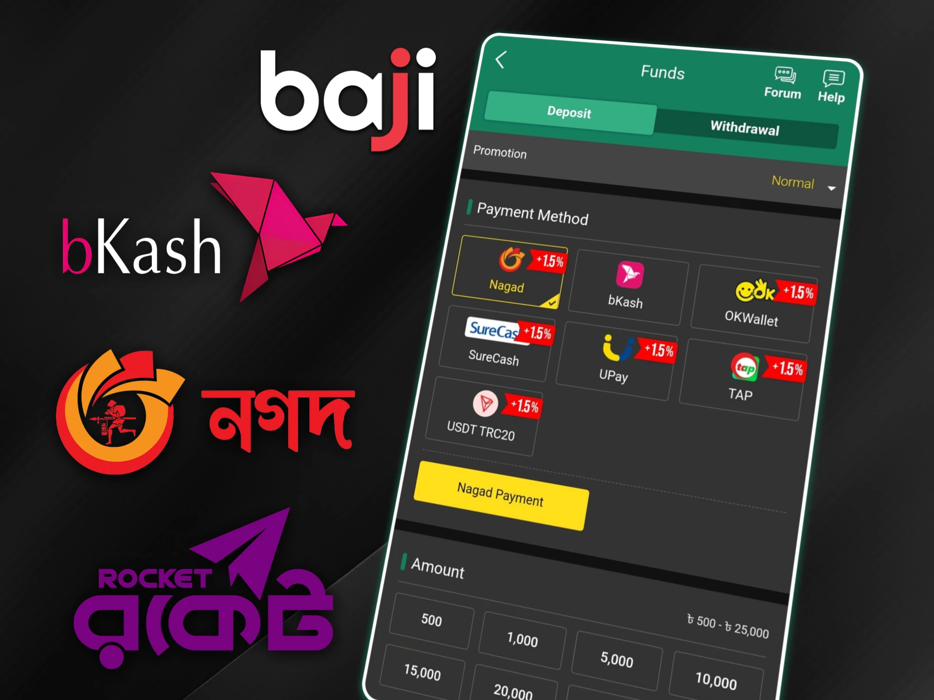 Payment methods of bKash, Nagad, and Rocket appear next to a mobile Baji deposit screen to start funding.