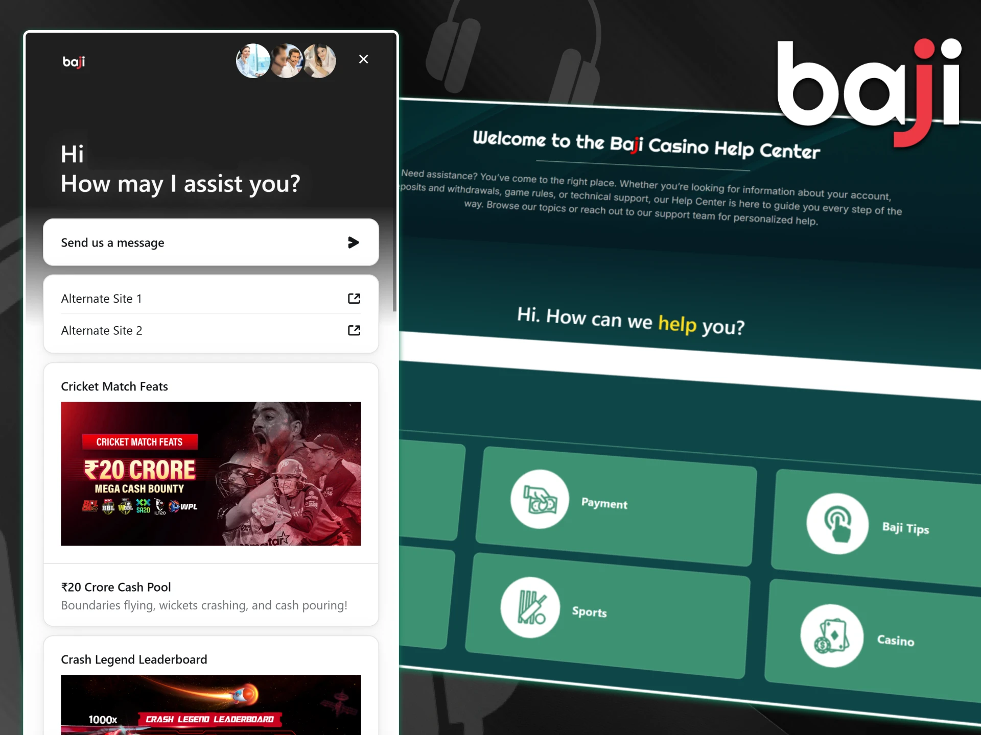Baji help center interface displays live chat options and support categories to assist users with their accounts.