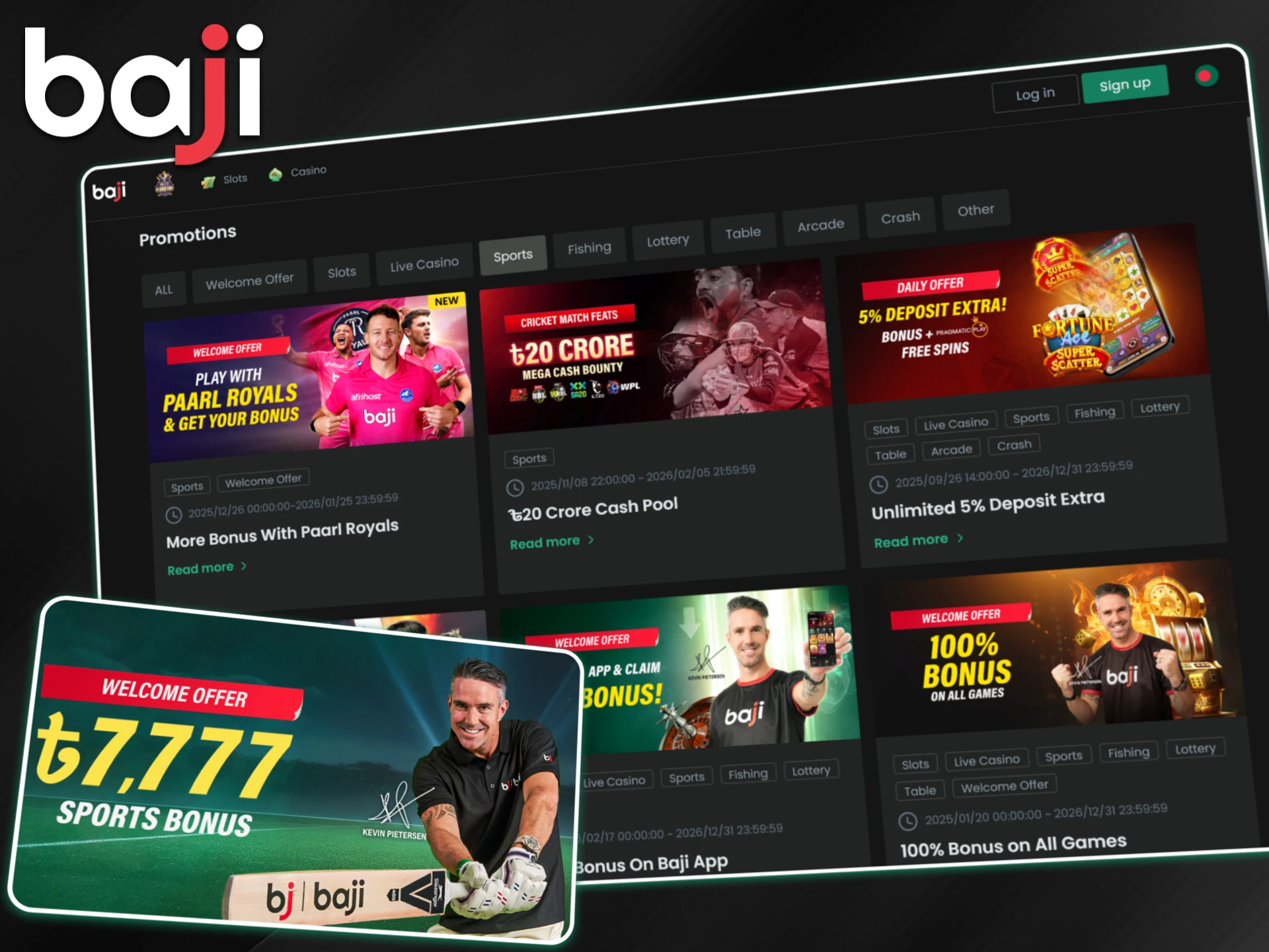 Kevin Pietersen presents the Baji sports bonus banner to encourage users to make their first deposit in Bangladesh.