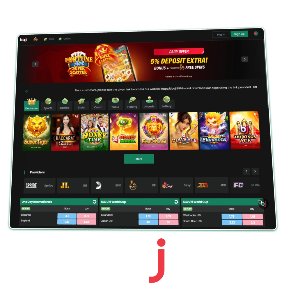 Interface of the Baji official website displays sports betting markets and casino banners to start playing in Bangladesh.