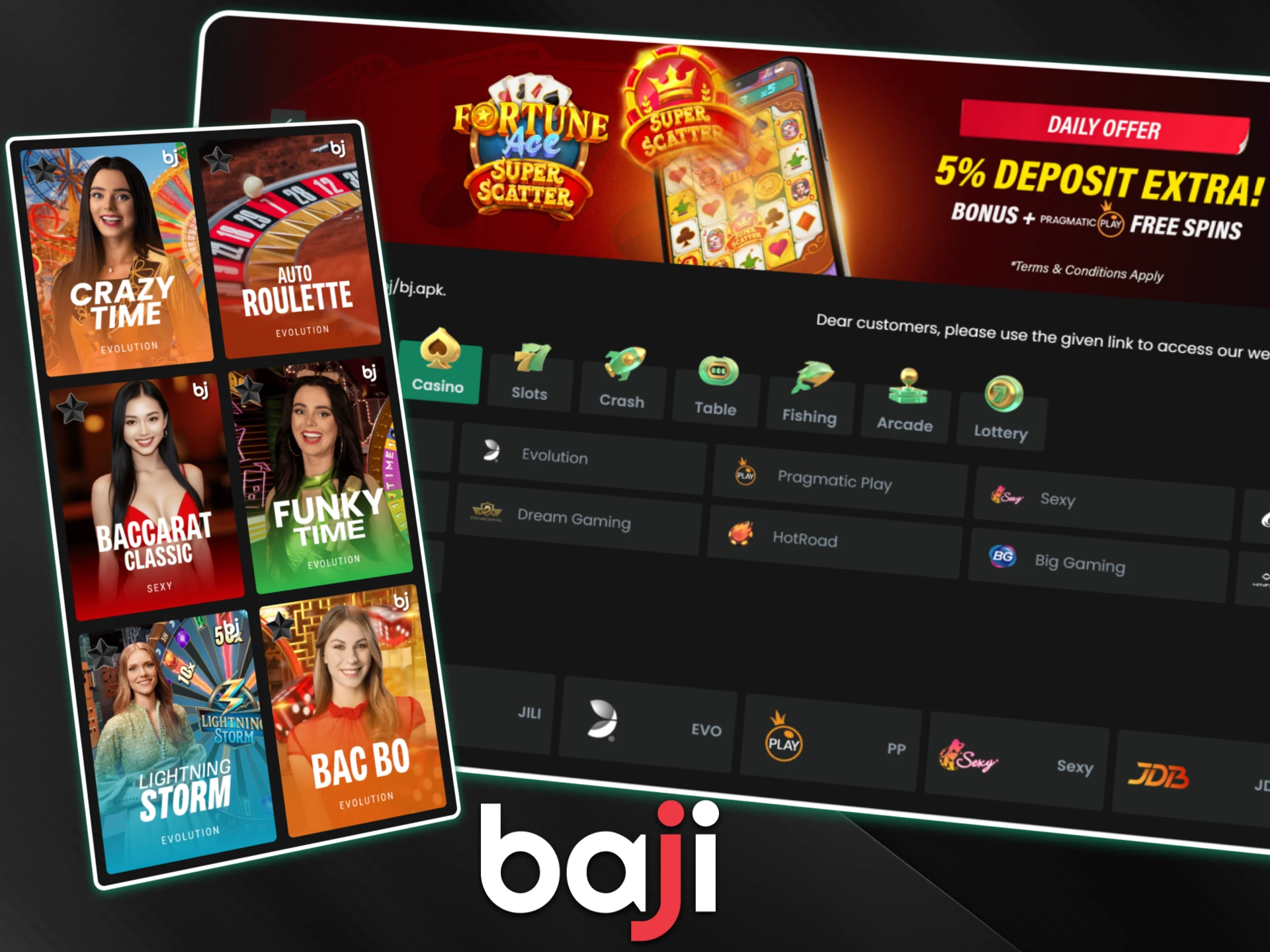 Baji live casino interface features professional dealers and popular table games to start playing now.