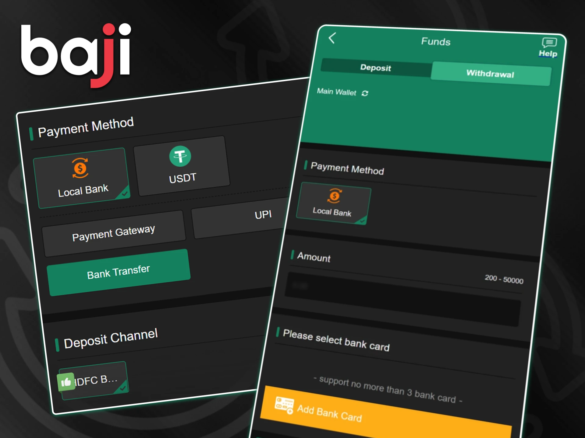 Payment methods including Local Bank and USDT appear on the Baji deposit interface to start a transfer.