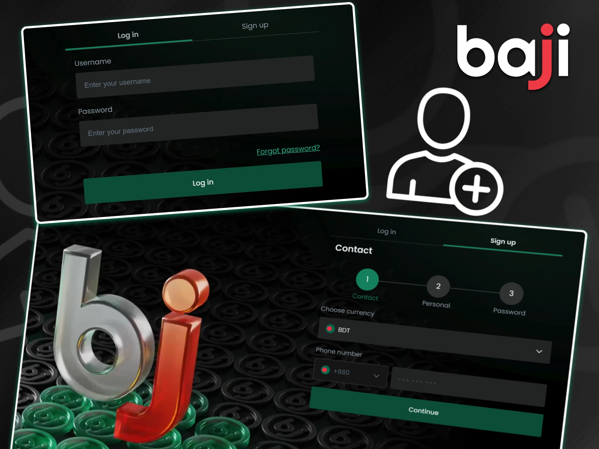 Interface of Baji registration and login forms shows fields for username and contact details to join the official platform.