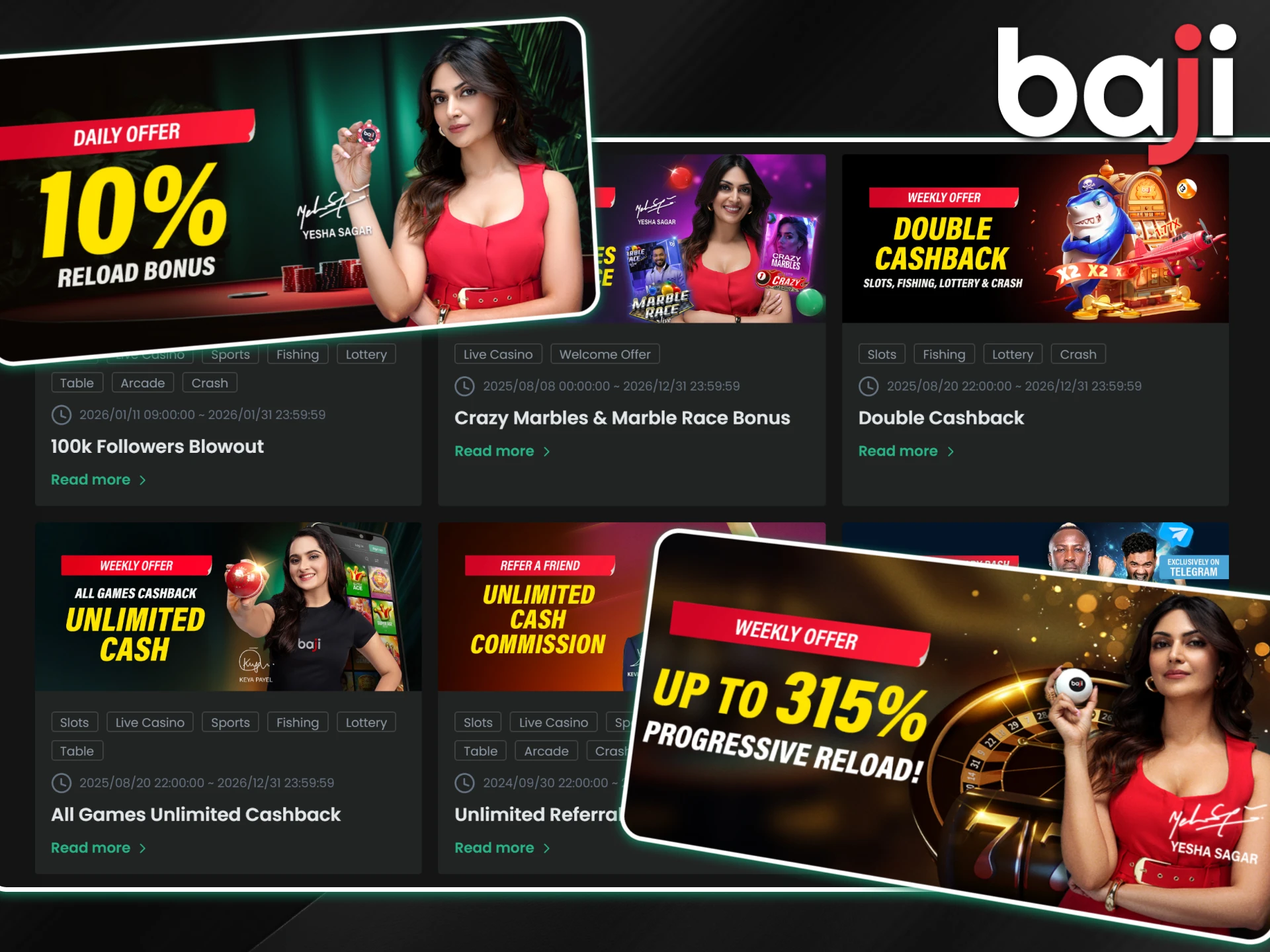 Yesha Sagar holds a casino chip near the Baji weekly reload bonus offer to get extra rewards.