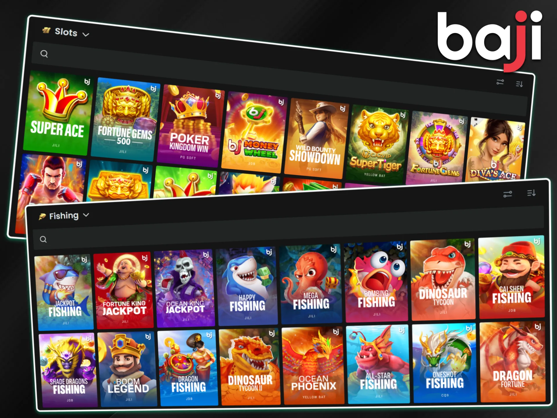 Colorful game tiles for Slots and Fishing categories display various characters and icons to start playing on the Baji website.