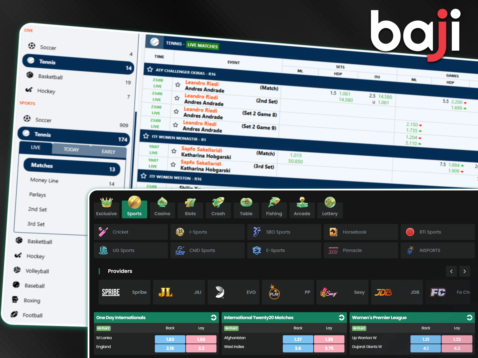 The Baji sportsbook interface displays various betting categories and live event odds to start wagering.