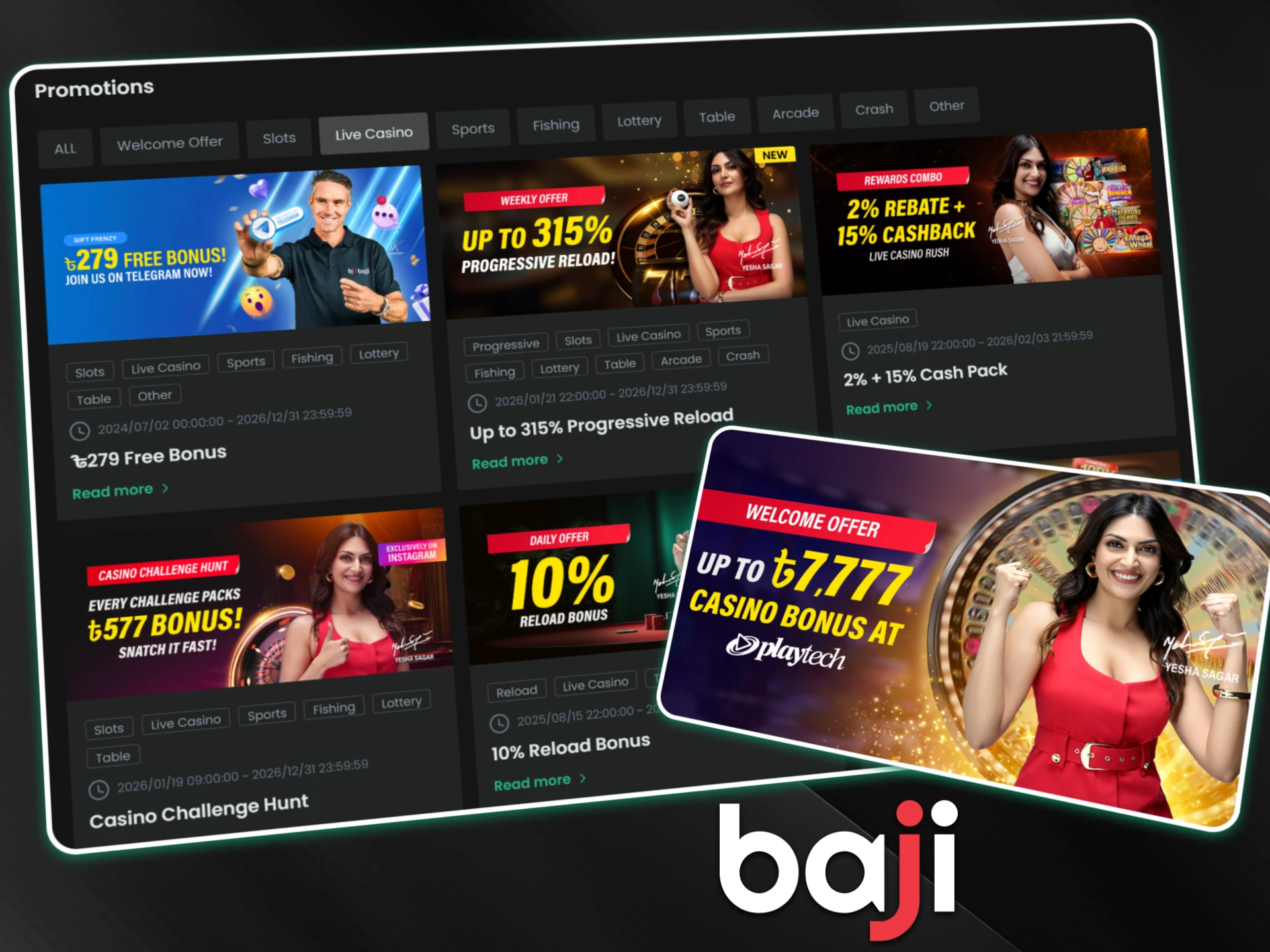 Yesha Sagar smiles in a red dress next to a roulette wheel to promote Baji live casino games in Bangladesh.