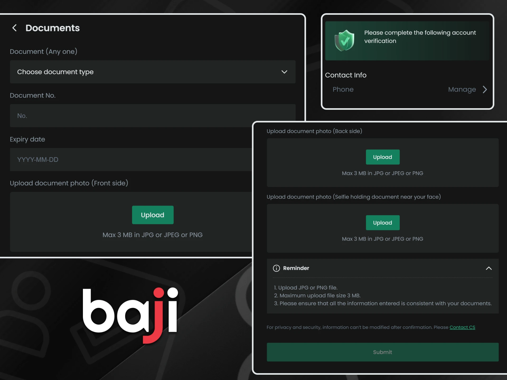 The Baji document upload interface displays fields for ID type, expiry date, and photo upload buttons to complete the mandatory account verification process for security.