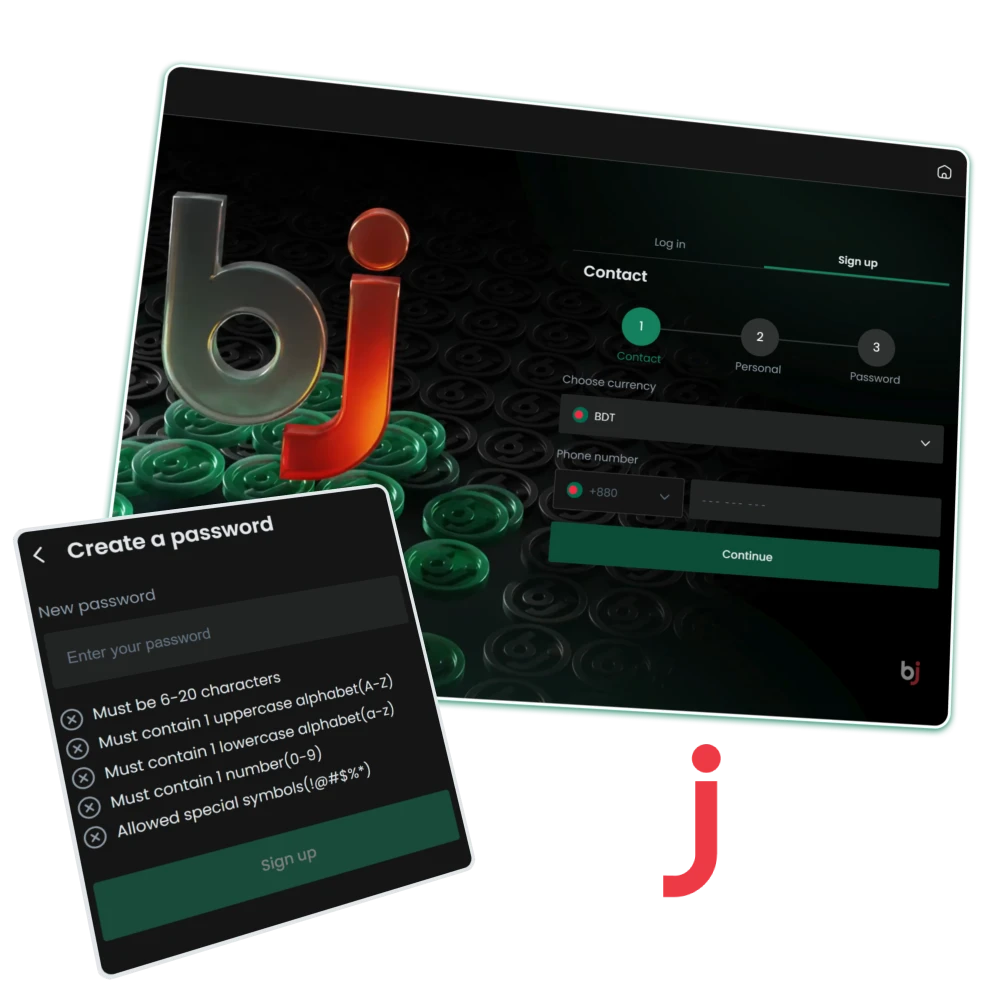 Multi-step Baji registration interface with password security requirements to create a new player account.