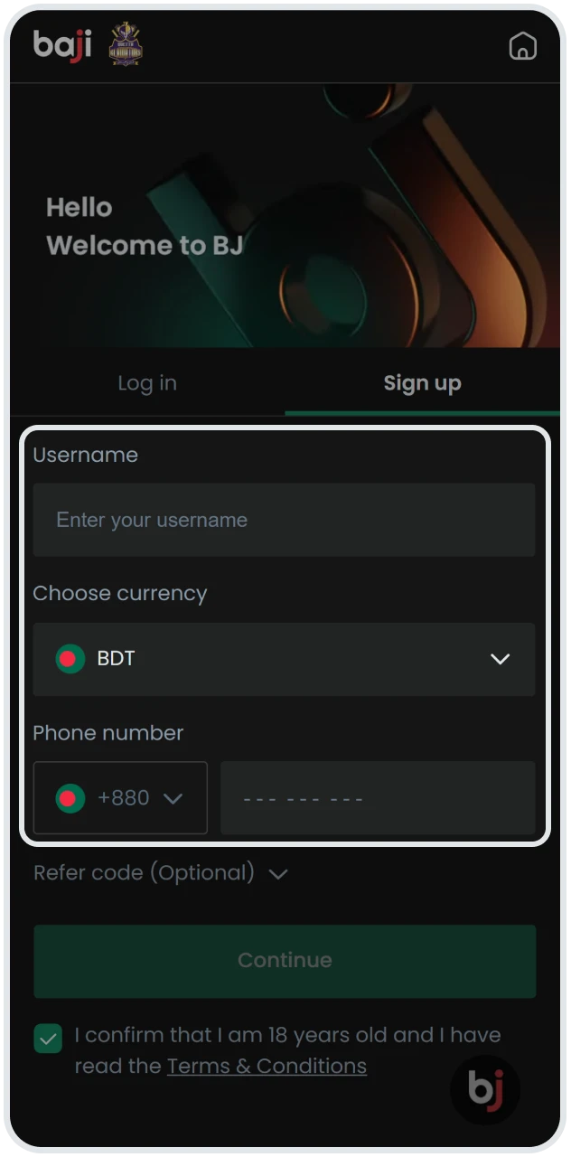 A white border highlights the username, currency, and phone number fields on the Baji sign-up form to guide the user through entering their account information.