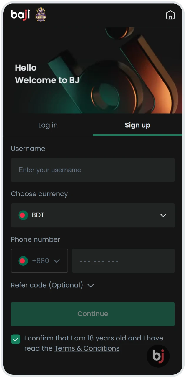 Mobile interface displays the Baji sign-up form with fields for username, BDT currency, and phone number to begin account creation.