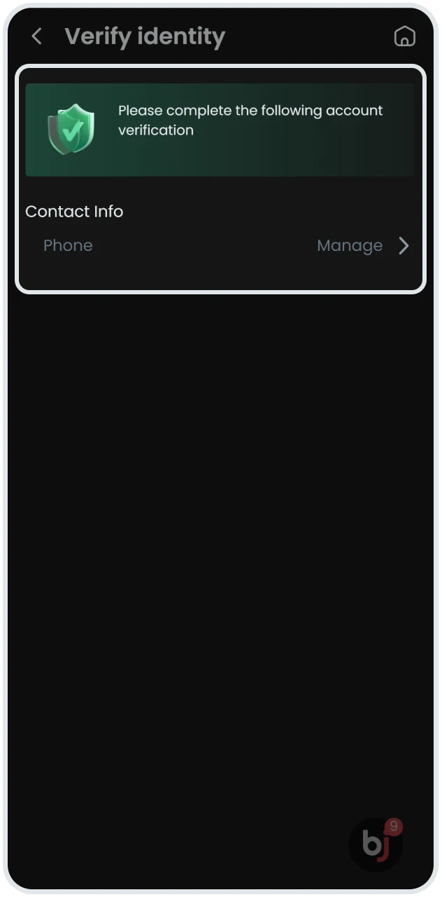 The Baji account verification screen displays a green shield icon and a contact info section to manage phone number authentication for security.