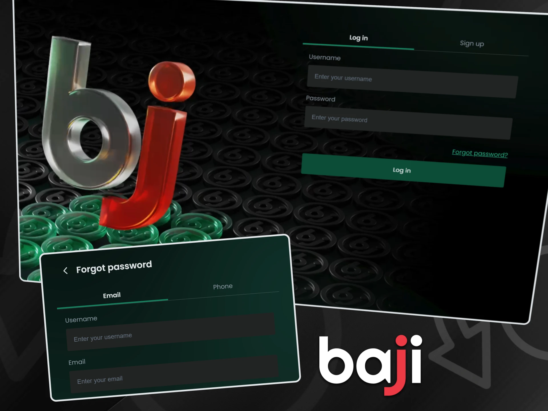 Screen display the Baji login form alongside a forgot password window to access an existing player account.