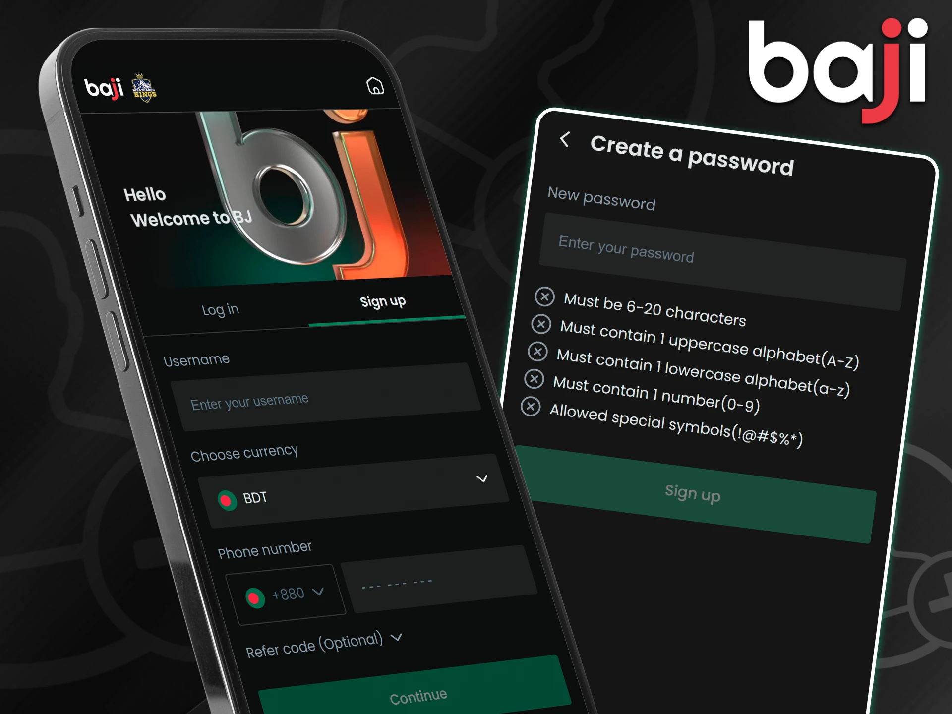 A smartphone displays the Baji sign-up interface alongside a password creation window featuring specific security criteria to register a new account.