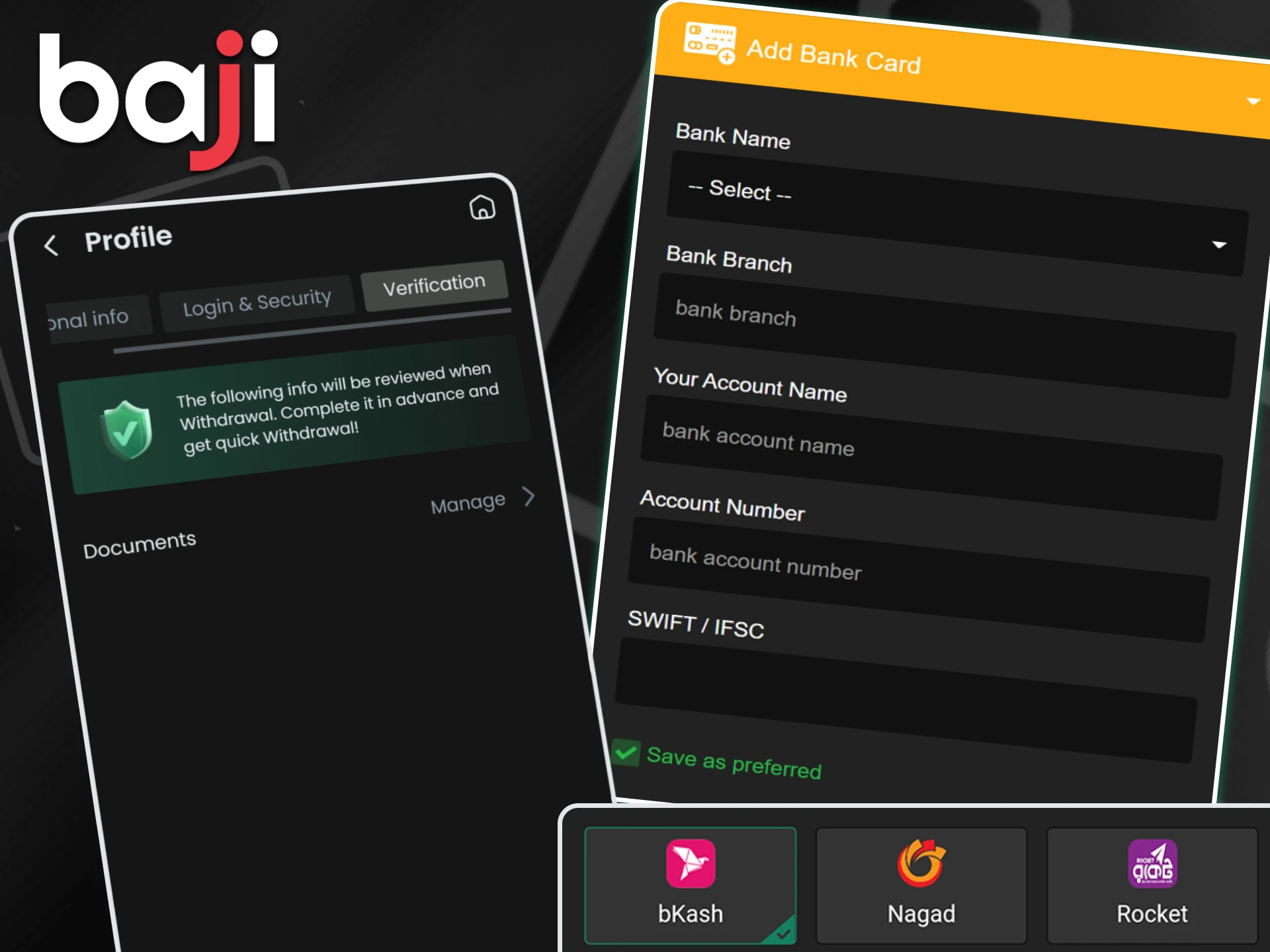 Specific fields for bank details and local mobile wallet selection are required to link a payment method on the Baji platform.