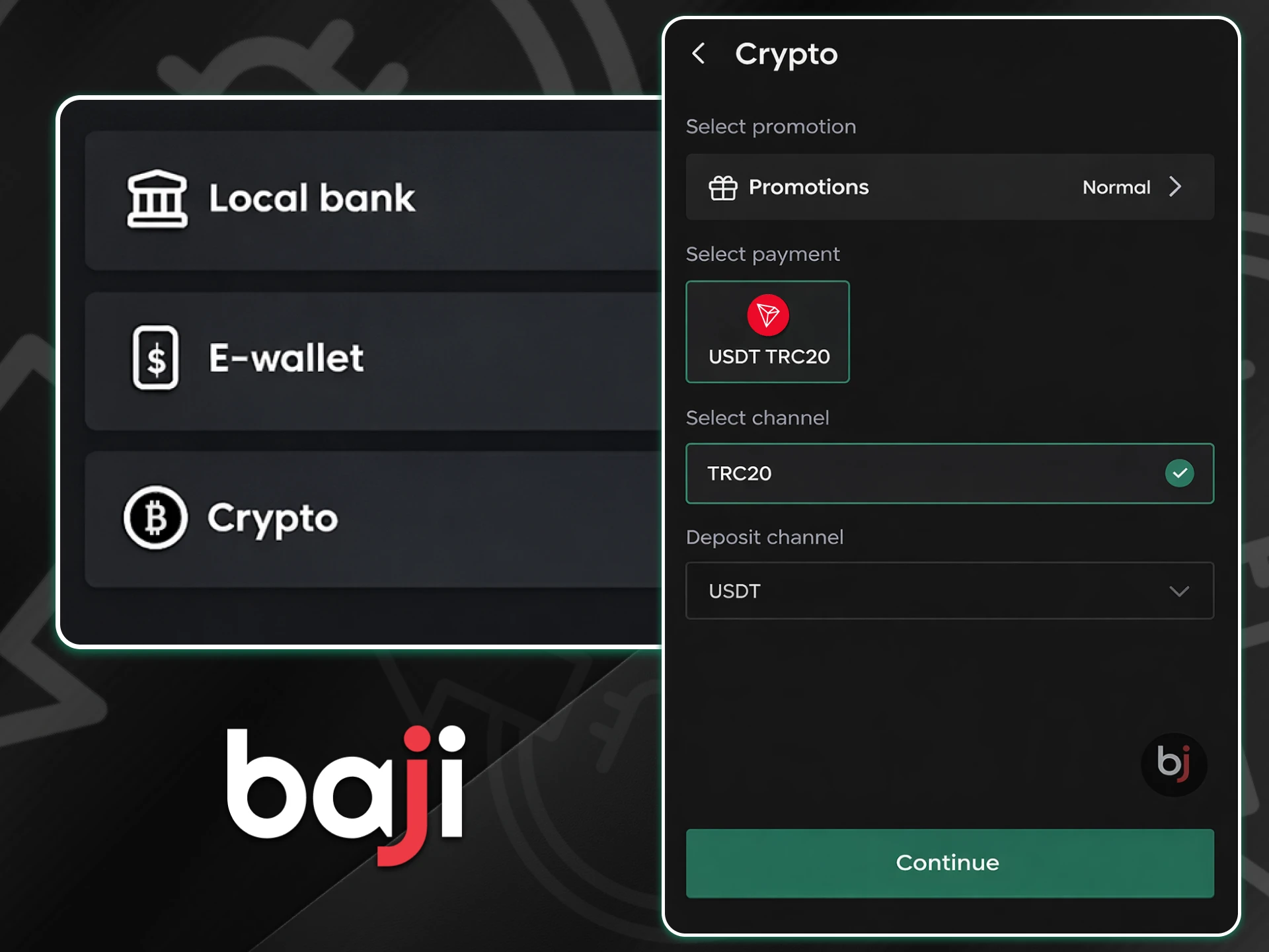 The Baji funds menu and dedicated crypto selection screen feature the Tether payment option to initiate a digital asset withdrawal.