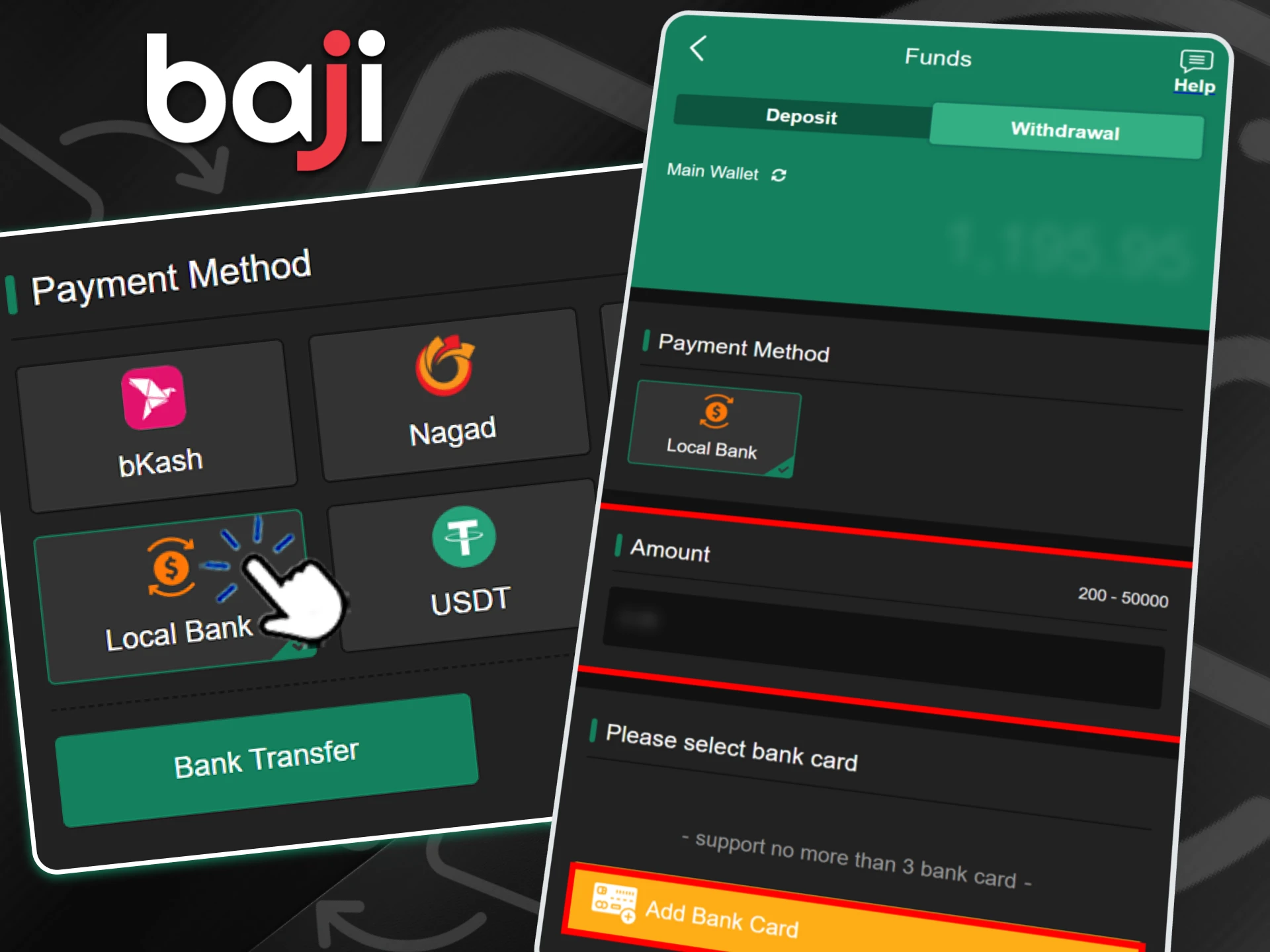 The Baji payment selection menu, where the user clicks on the local bank option to initiate a funds transfer.