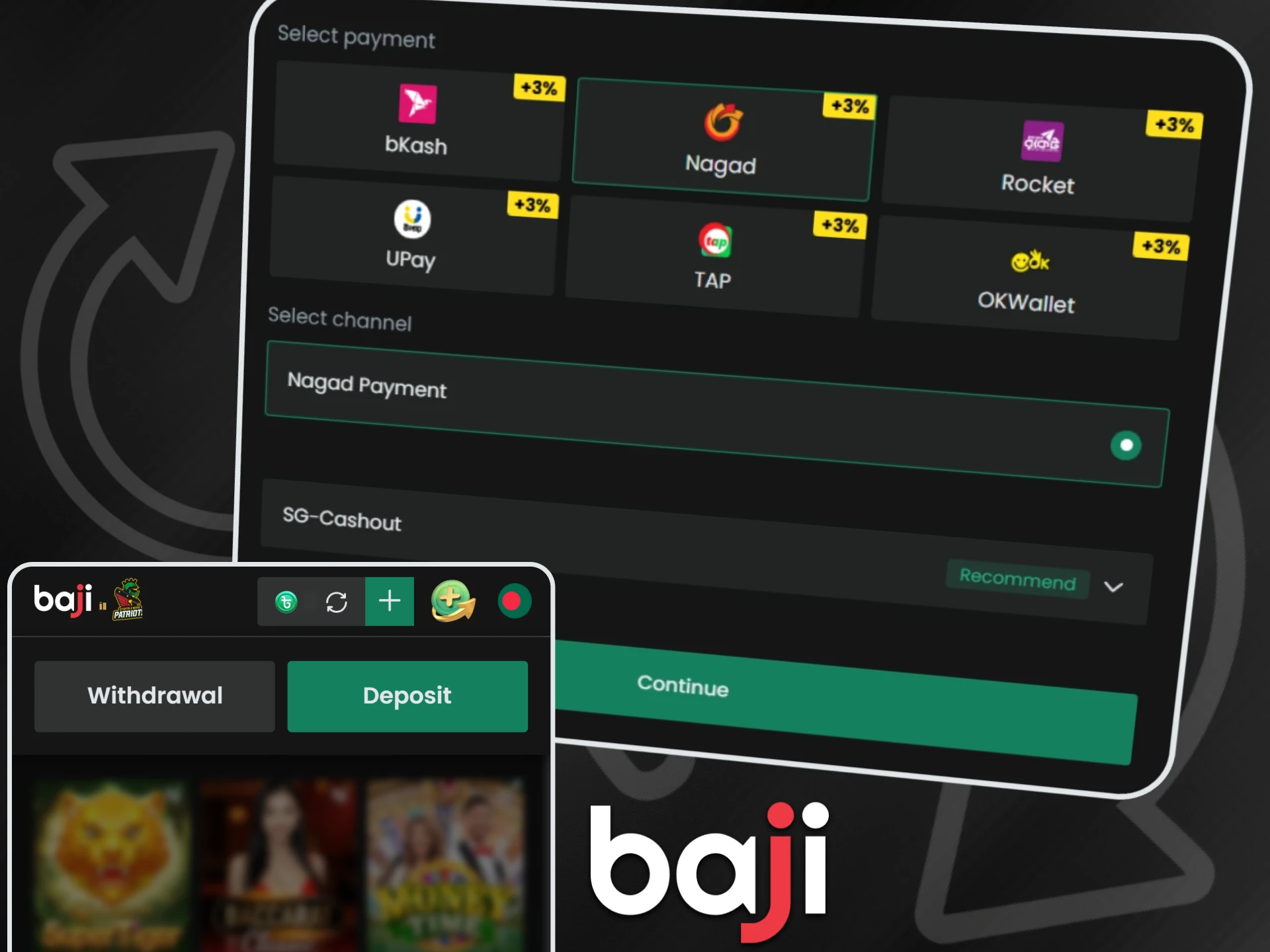 The Baji payment selection menu and dedicated withdrawal request screen facilitate secure fund transfers via local mobile wallets.